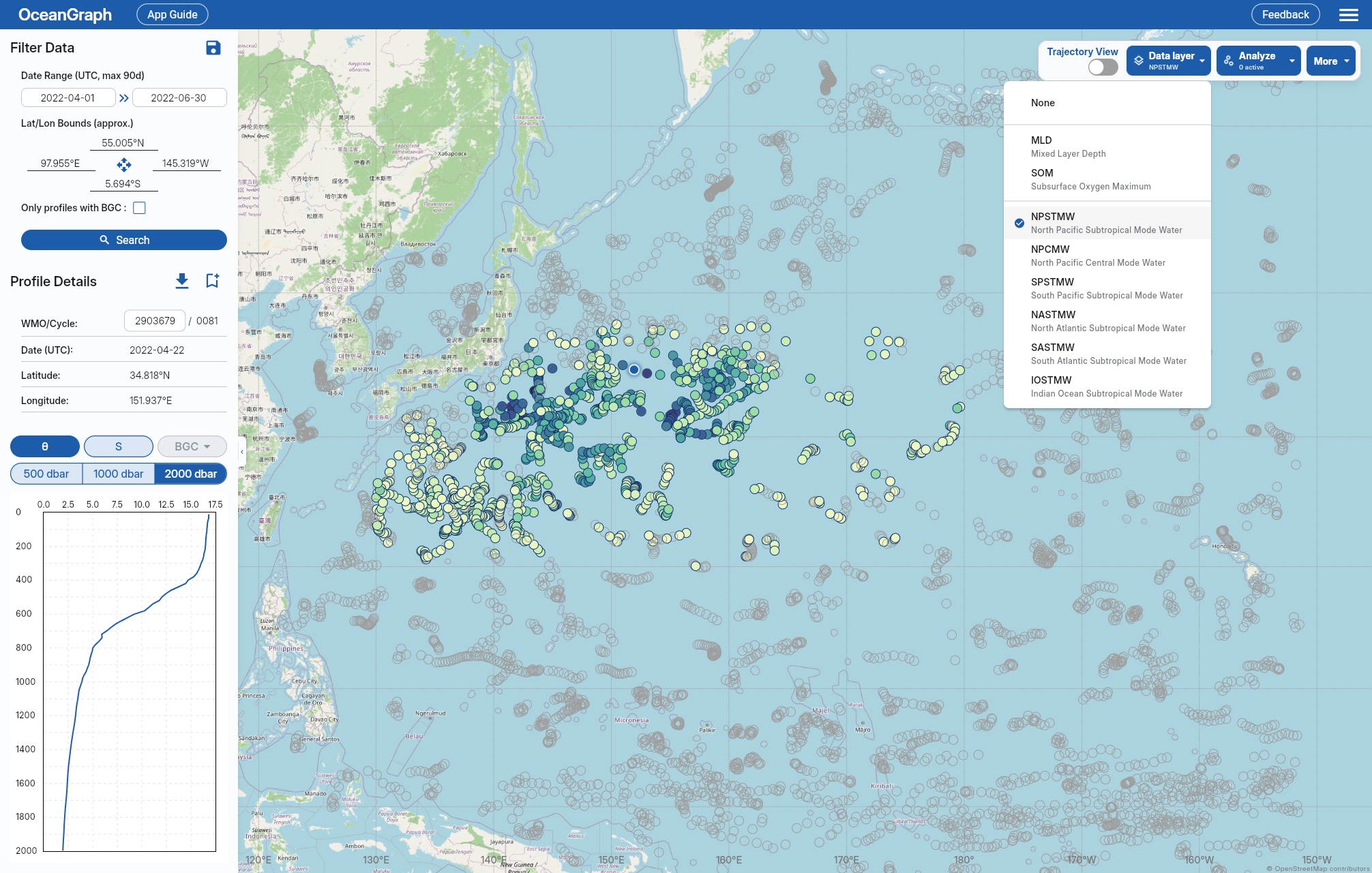 Search-result markers colored by detected mode water thickness